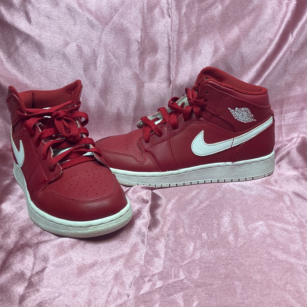 Red and white jordans
